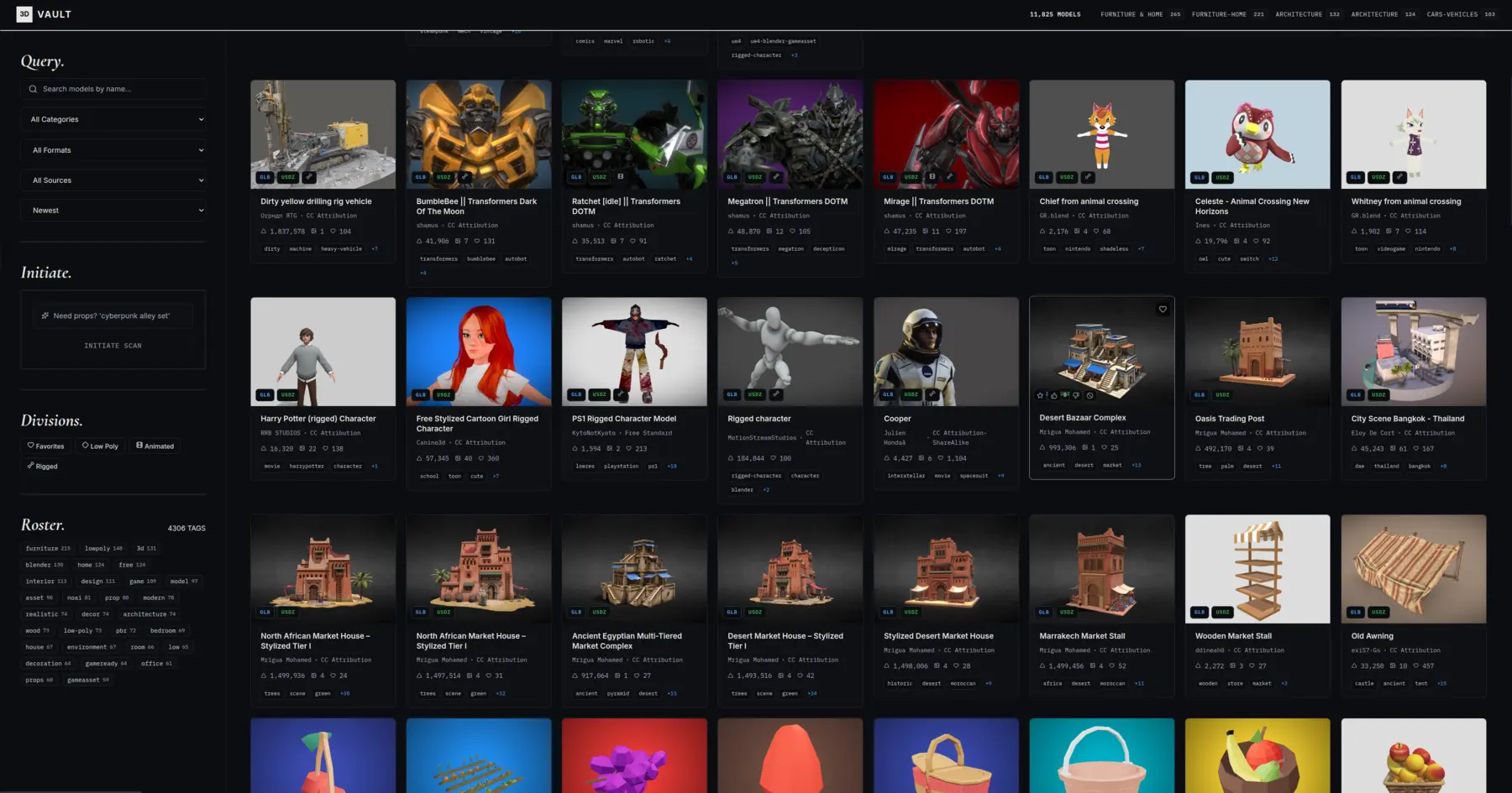 3D Vault library grid — CG asset browser with category, format, and attribute filters across characters, buildings, props, and scanned environments
