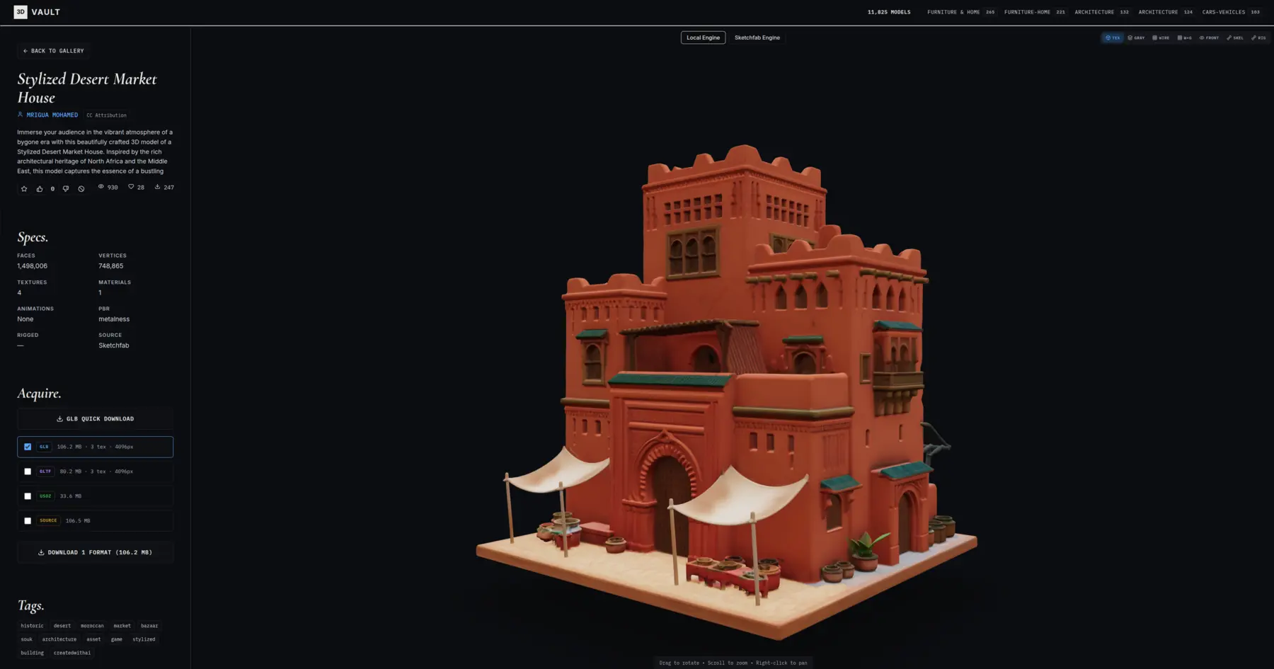 3D Vault asset detail — live React Three Fiber WebGL preview of a stylized building model with full metadata, rig state, triangle counts, and multi-format download