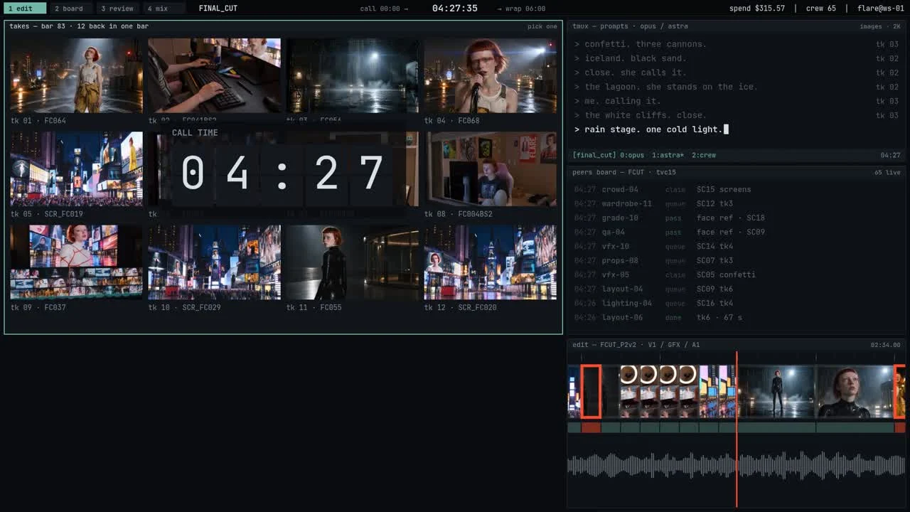 FINAL CUT's designed desktop combines takes, crew activity, and an editing timeline