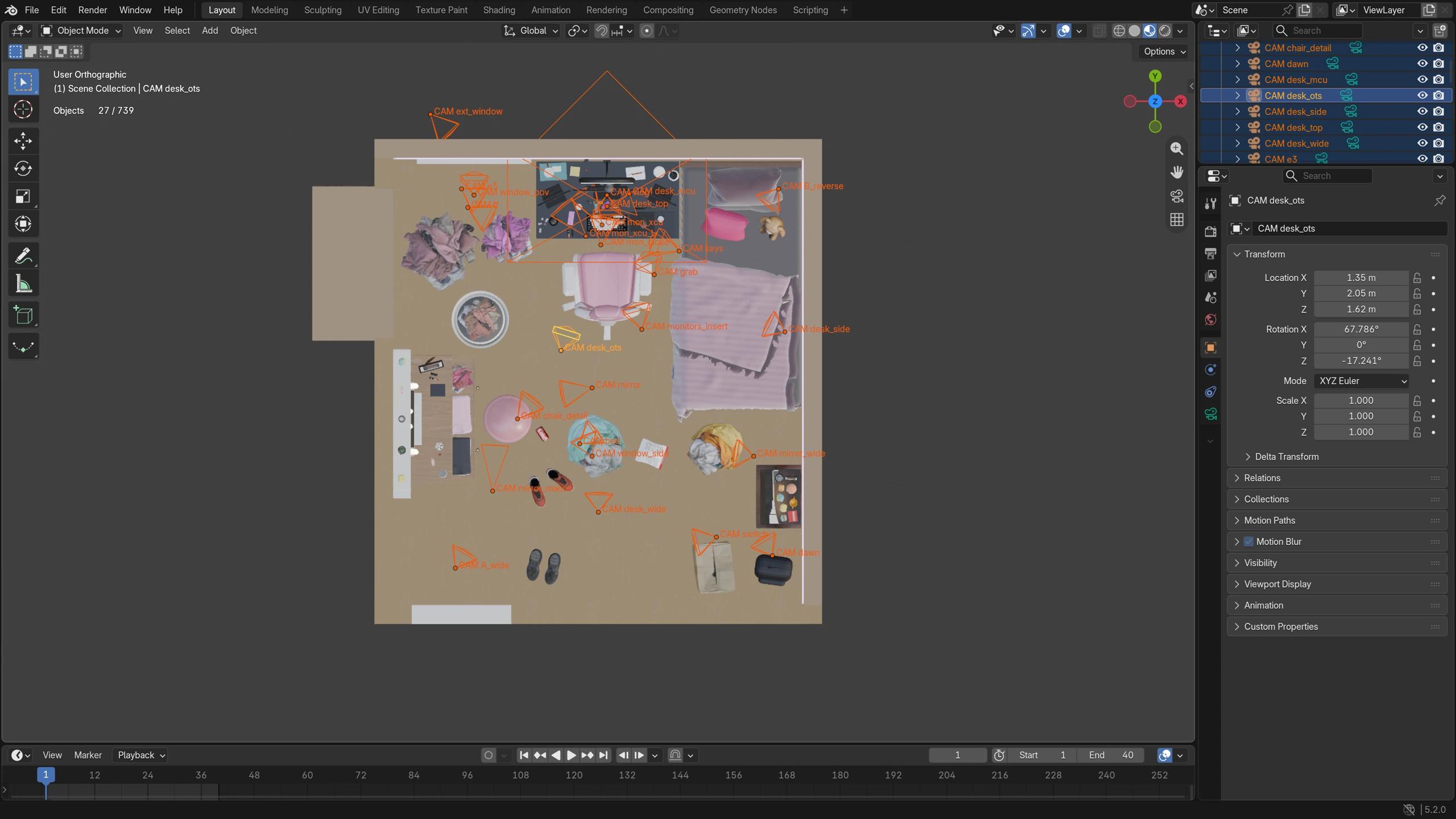 Overhead Blender view of the bedroom set with named cameras and their positions