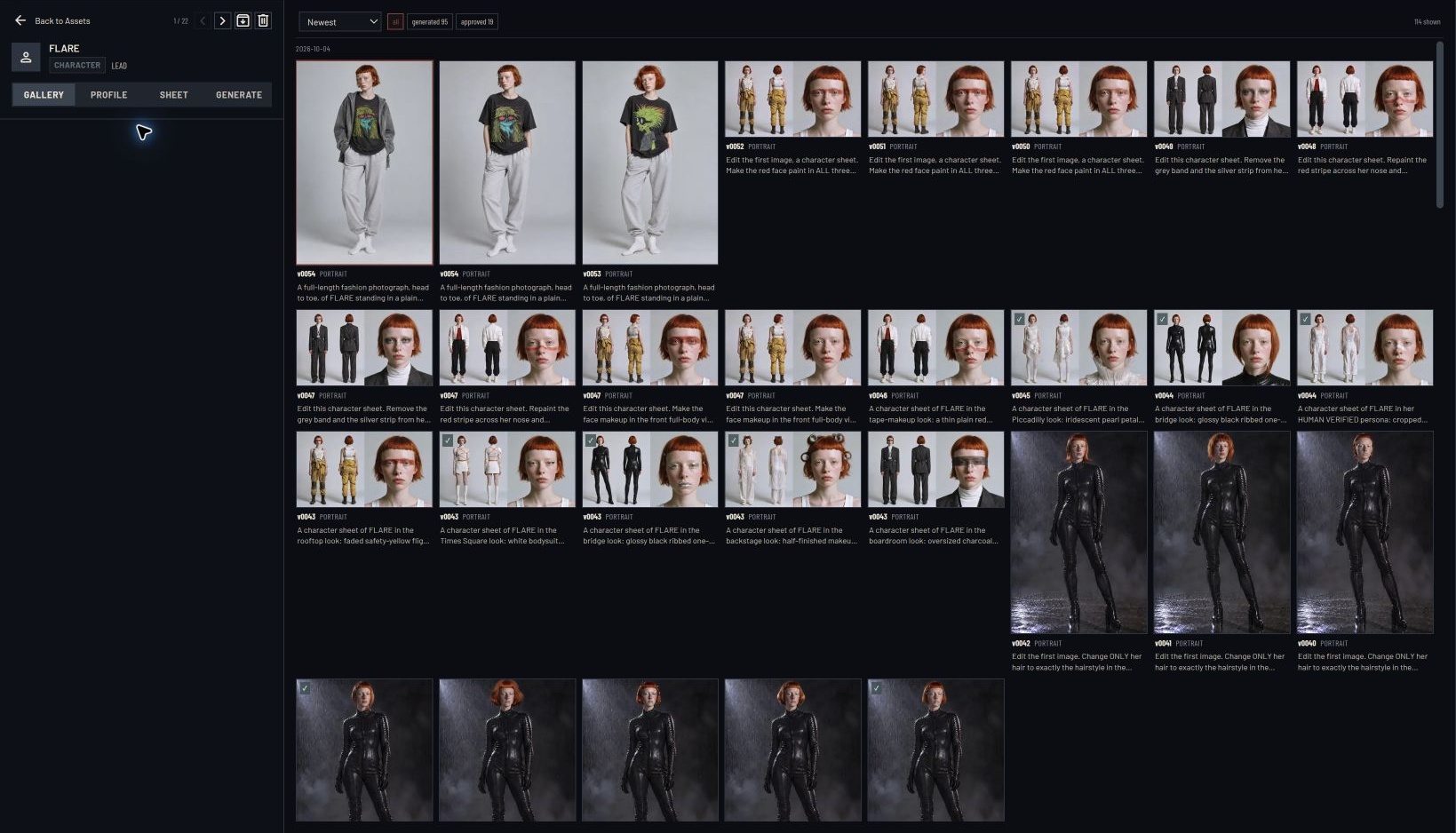 FLARE's character asset in Intellistory, showing wardrobe and portrait iterations with version and approval markers