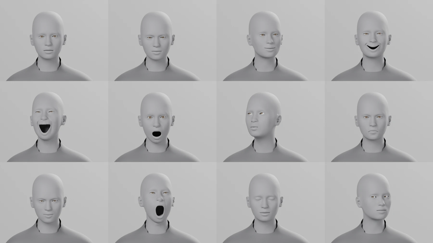 Twelve CG maquette expression studies with different eyelines and mouth shapes