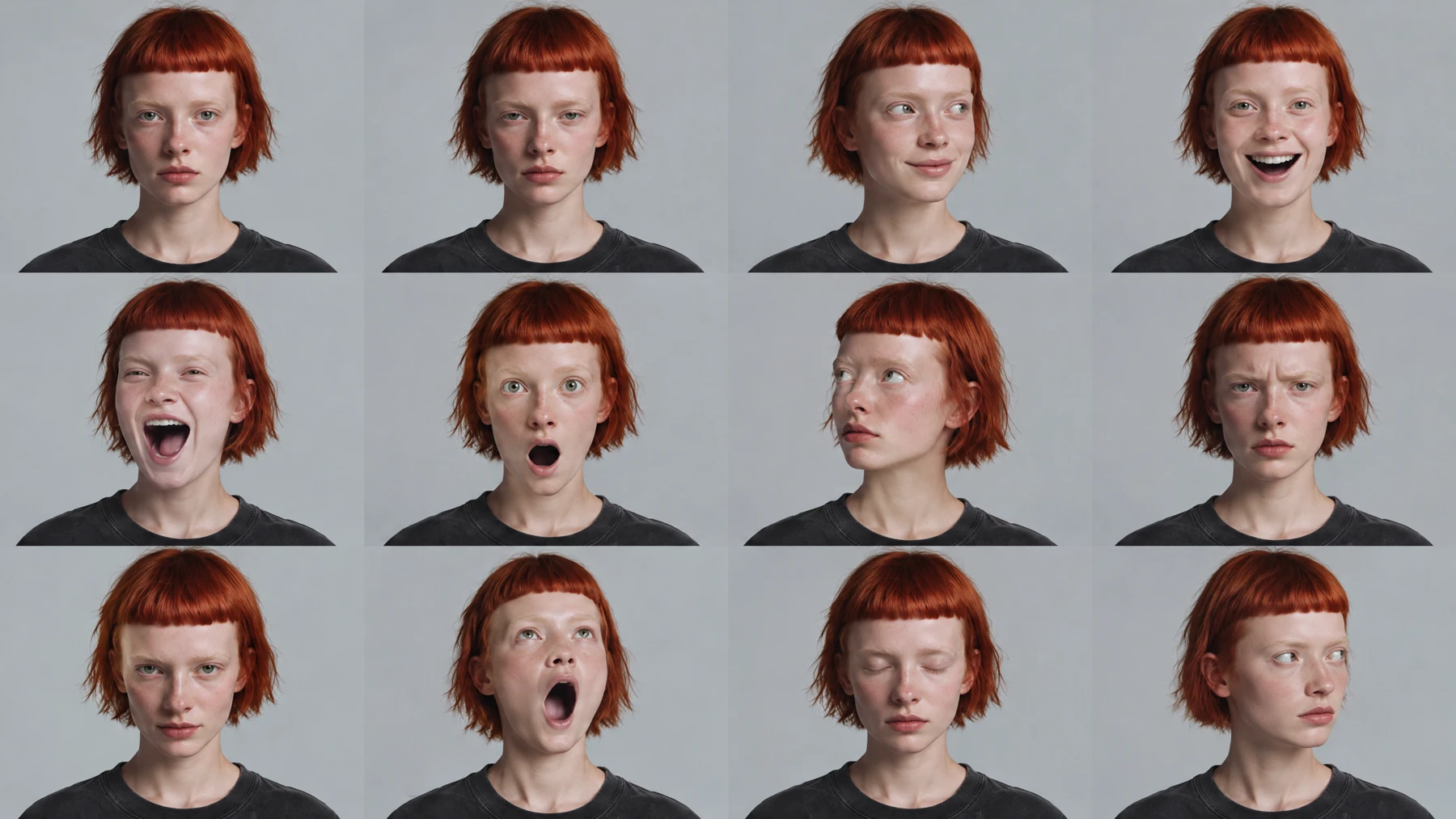 A generated FLARE expression sheet exploring the poses and expressions from the CG study