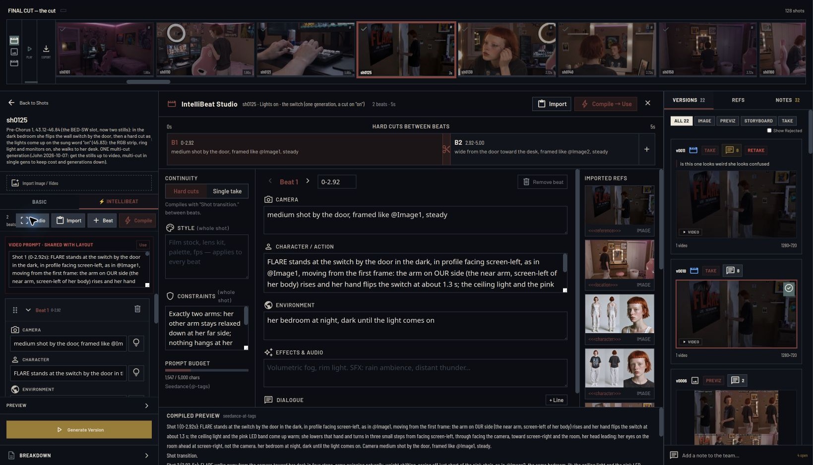 IntelliBeat Studio showing the two beats of the bedroom light-switch sequence, reference images, shot directions, and version history