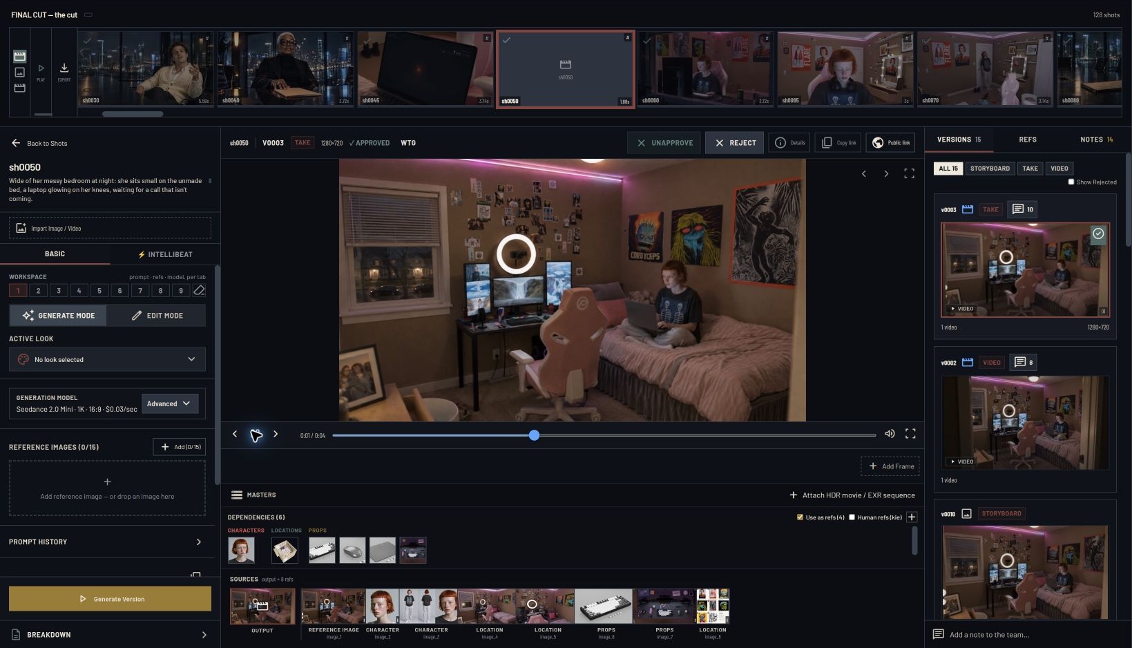 Bedroom shot in Intellistory with its version history, six asset dependencies, and source-reference strip