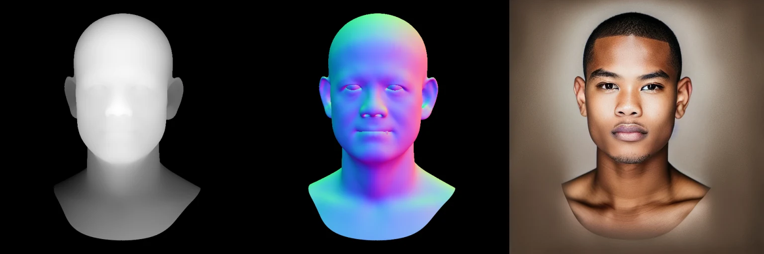 GNM depth and normal maps driving a depth ControlNet to a photoreal face