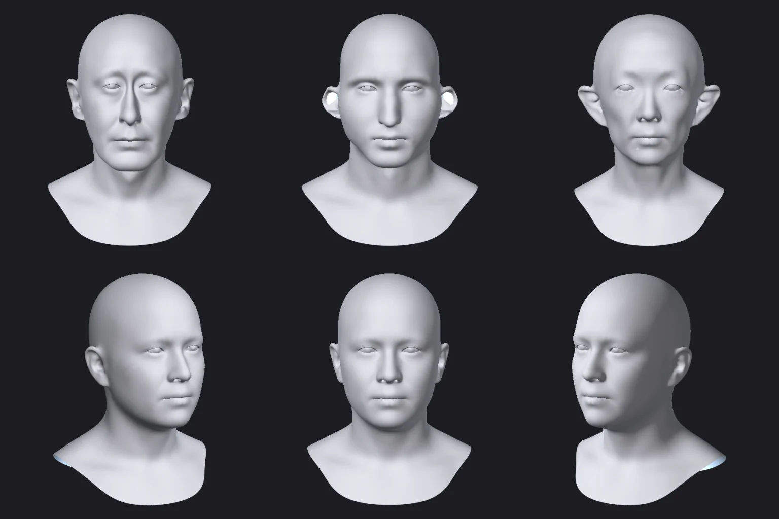 Three identity vectors up top; one head orbited −30° / 0° / +35° below — GNM rendered via nvdiffrast, TensorFlow-free