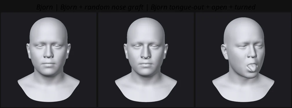 The node: base identity, a nose grafted from another face, and tongue-out with open mouth and head turn