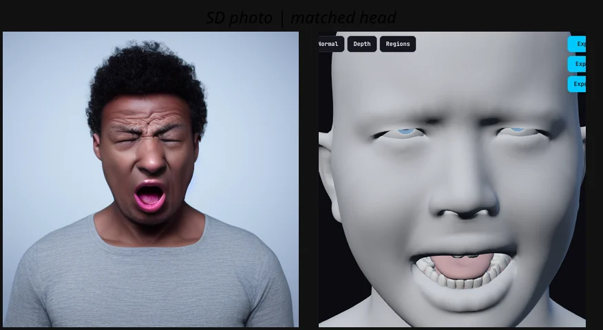 A generated photo of a yell with eyes squeezed shut, and the head matching it