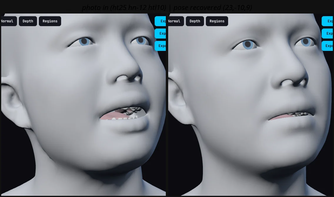 Round-trip calibration: rendered reference at a known pose beside the recovered pose