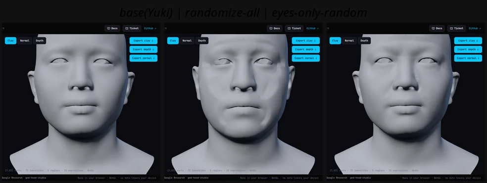 Region-masked randomization: the base face, a full re-roll, and an eyes-only re-roll with everything else frozen