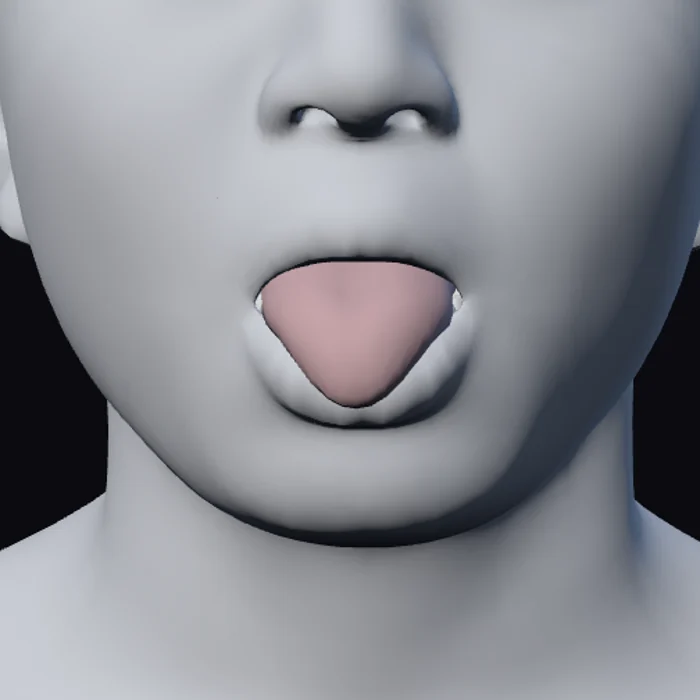 The baked TONGUE_CENTER semantic expression: mouth open, tongue out past the lips