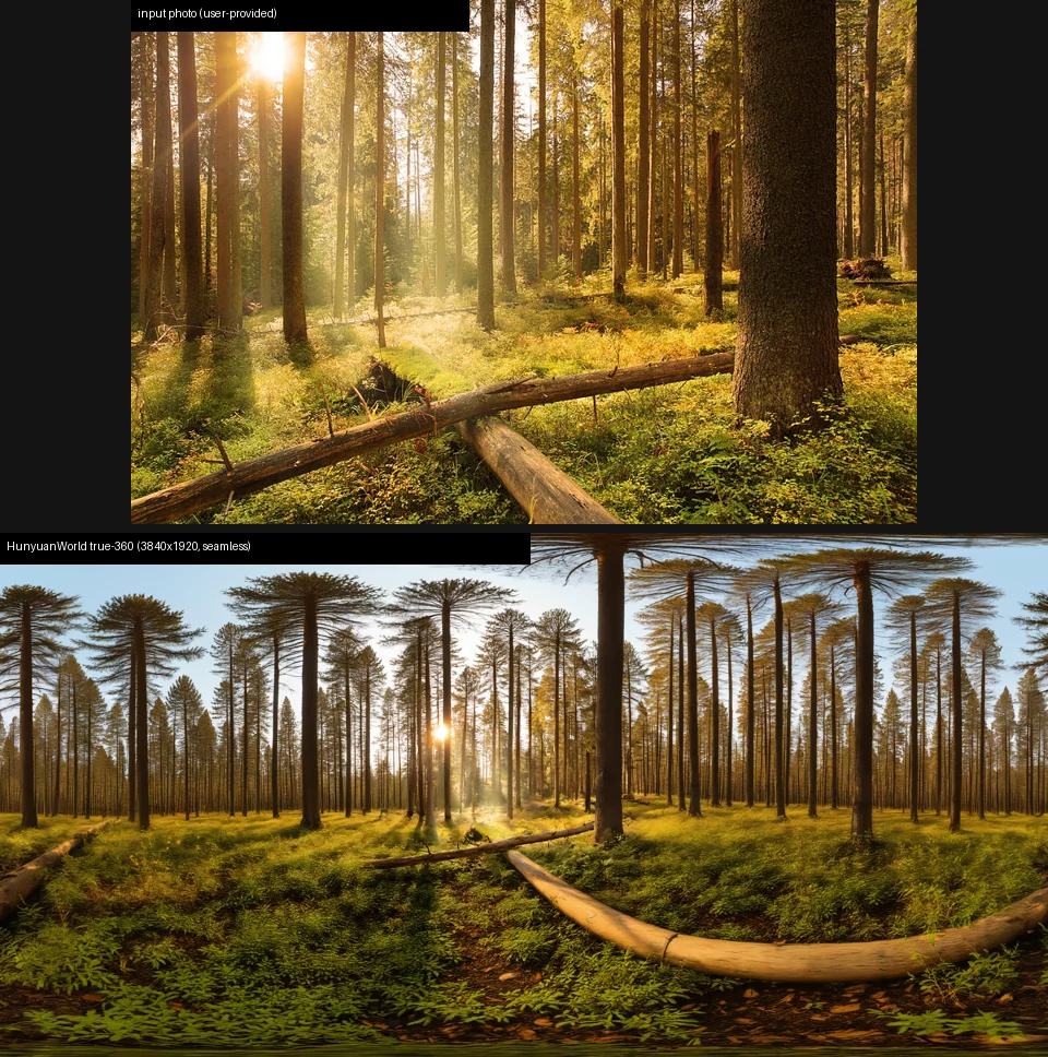 Input backplate vs the HunyuanWorld true-360 equirect — one forest plate extrapolated to a full seamless sphere