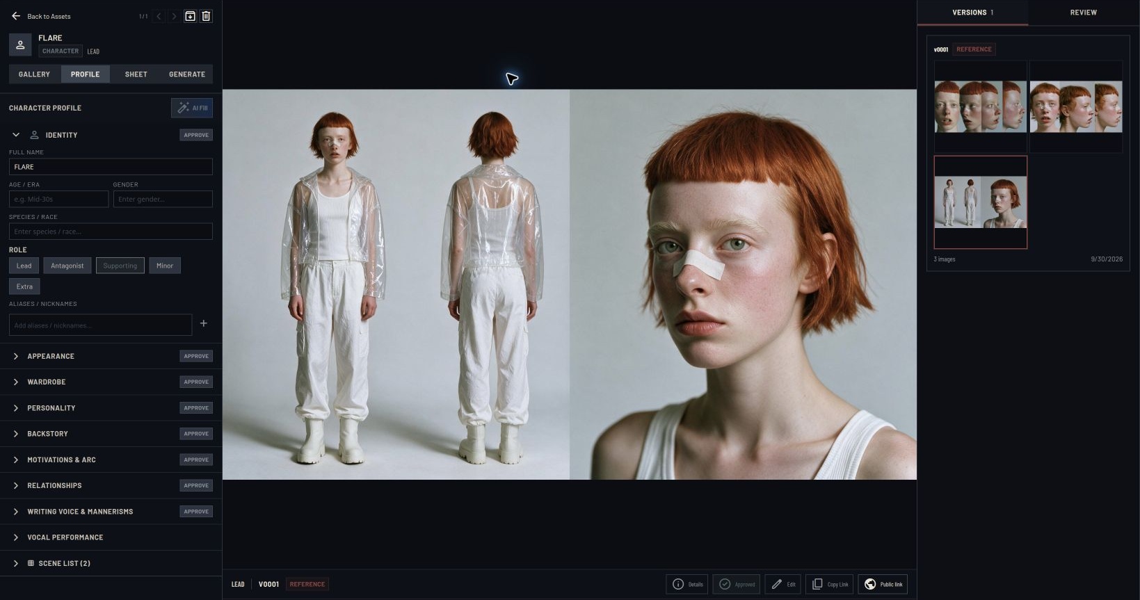 FLARE's HUMAN VERIFIED character reference in Intellistory, with front, back, and portrait views