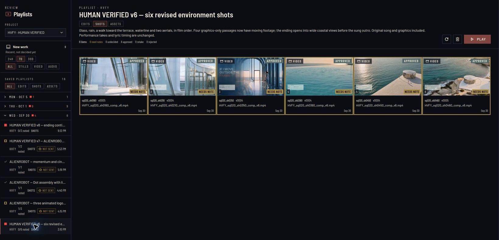 HUMAN VERIFIED's environment review playlist with six revised shots arranged in film order
