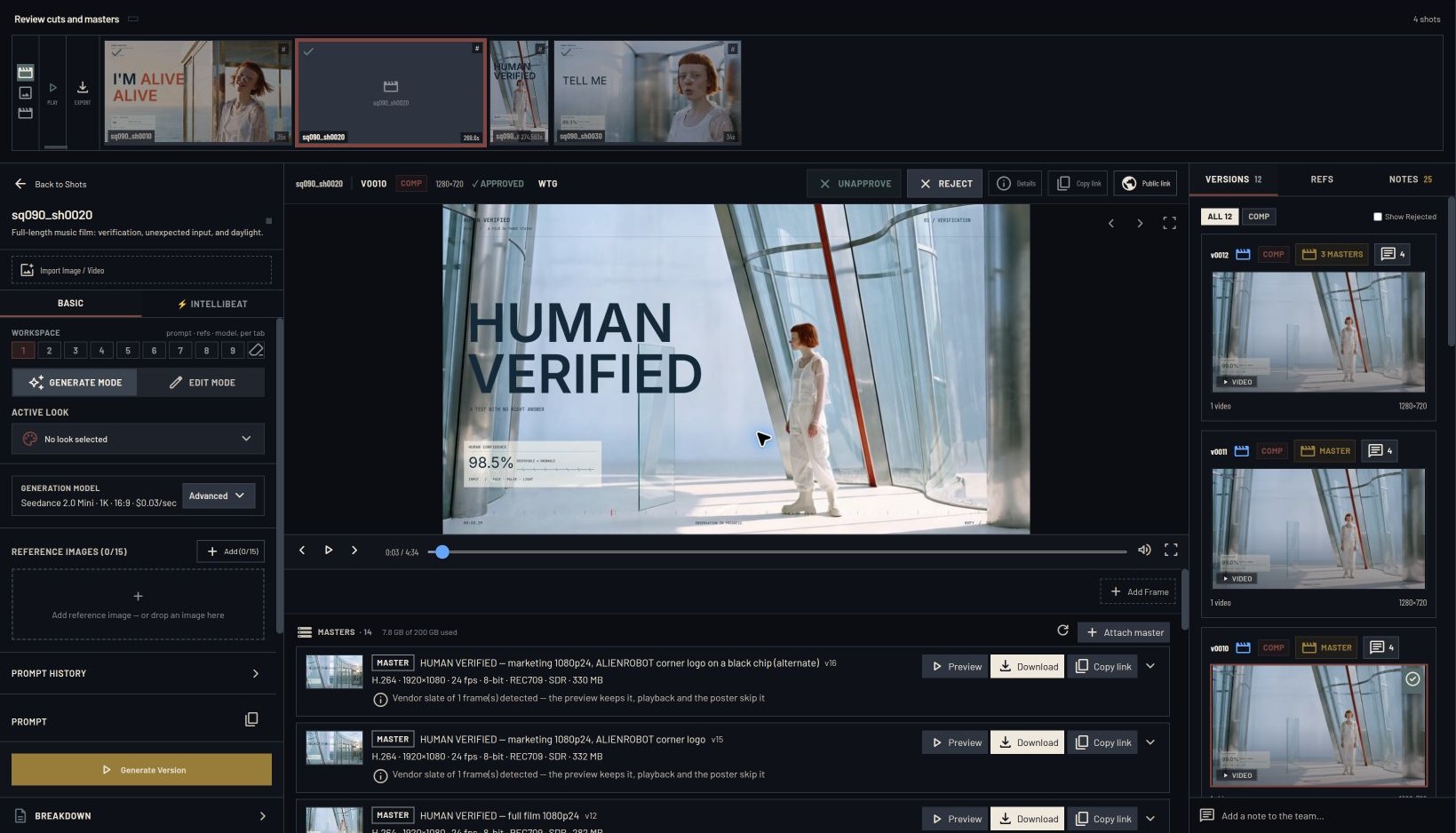The HUMAN VERIFIED full-film shot in Intellistory, with its opening title, comp versions, and master exports