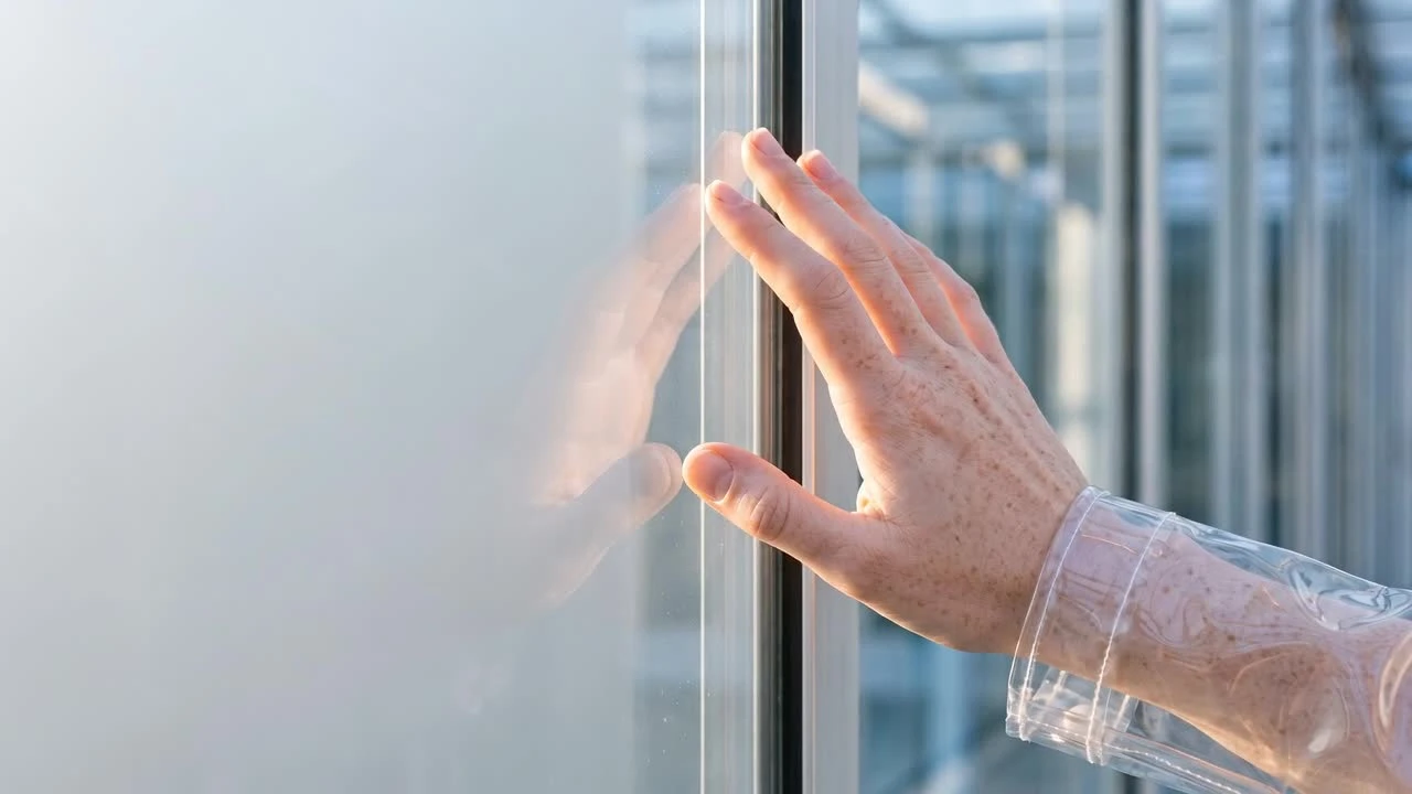 A close-up of FLARE's hand meeting its reflection in glass