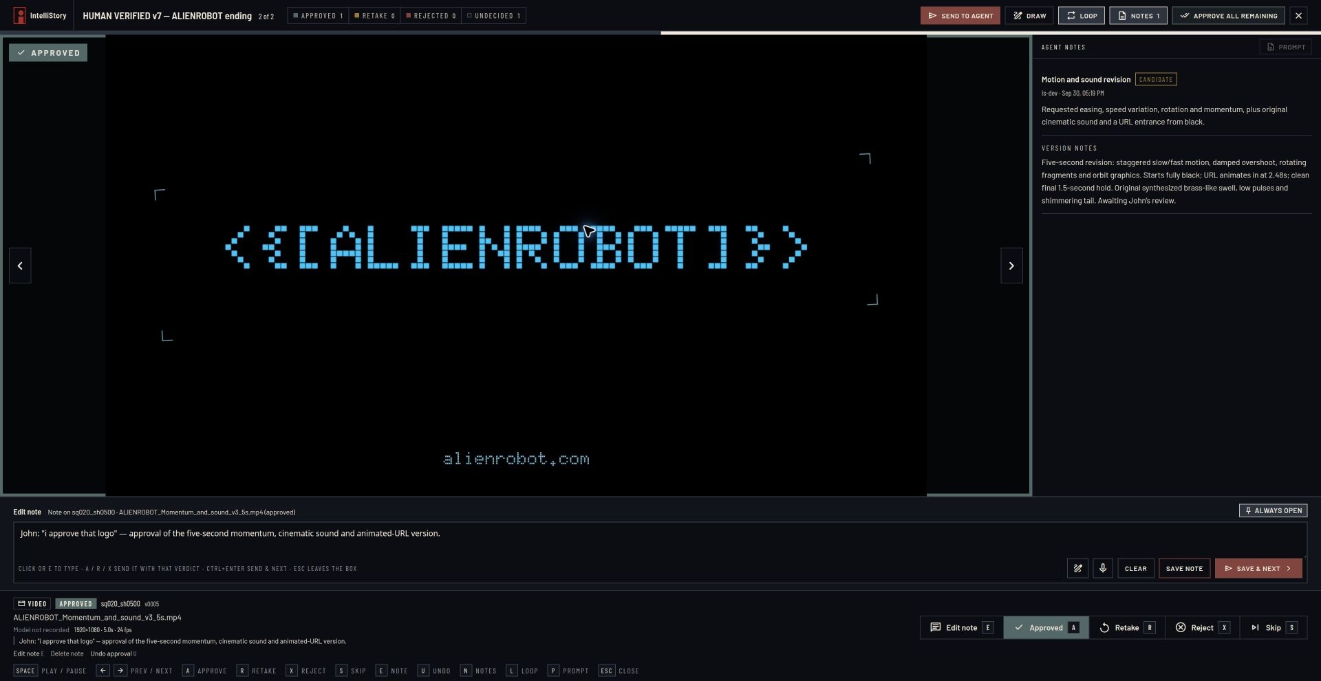 HUMAN VERIFIED's ending review player showing an Alienrobot logo revision, agent notes, and John's approval note