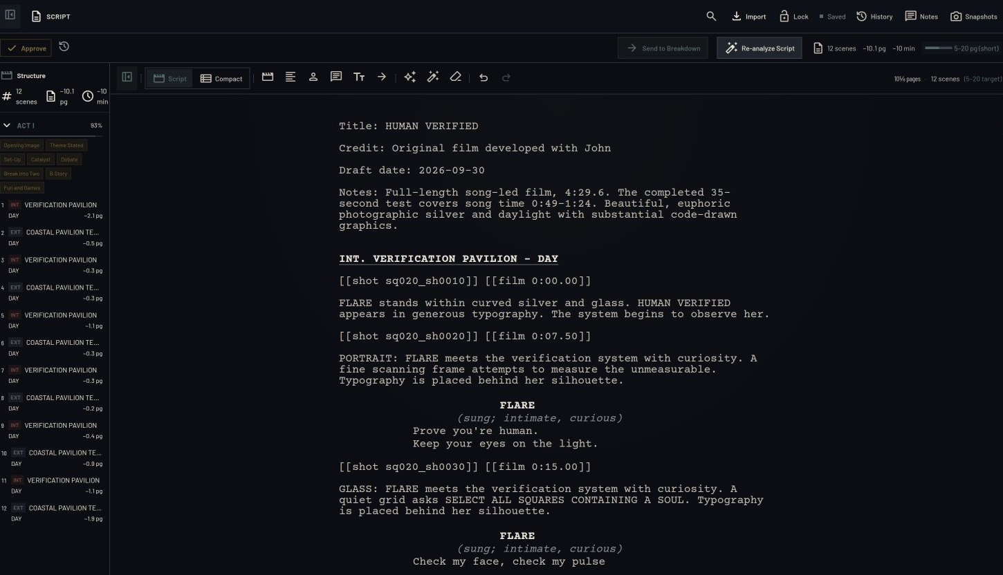 HUMAN VERIFIED in Intellistory's script editor, showing the opening pavilion scene, shot IDs, film timecodes, and FLARE's sung dialogue