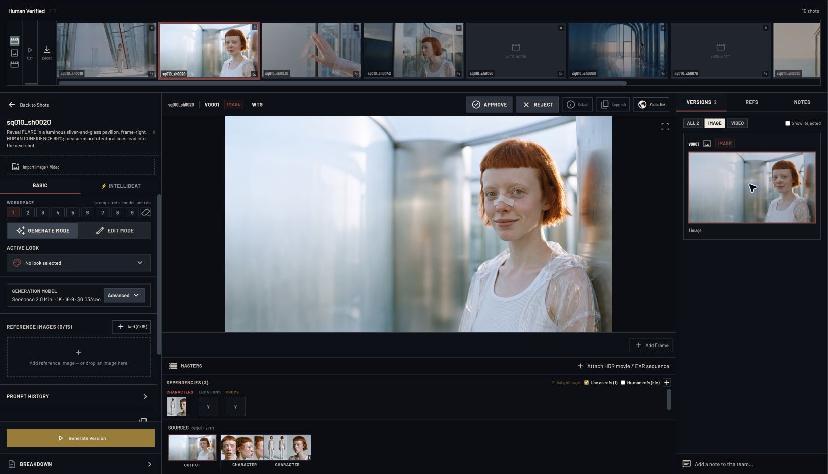 A HUMAN VERIFIED source shot in Intellistory with character references, dependencies, and image and video versions