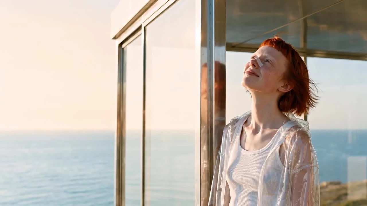 FLARE turns toward the warm light beside a glass wall overlooking the sea