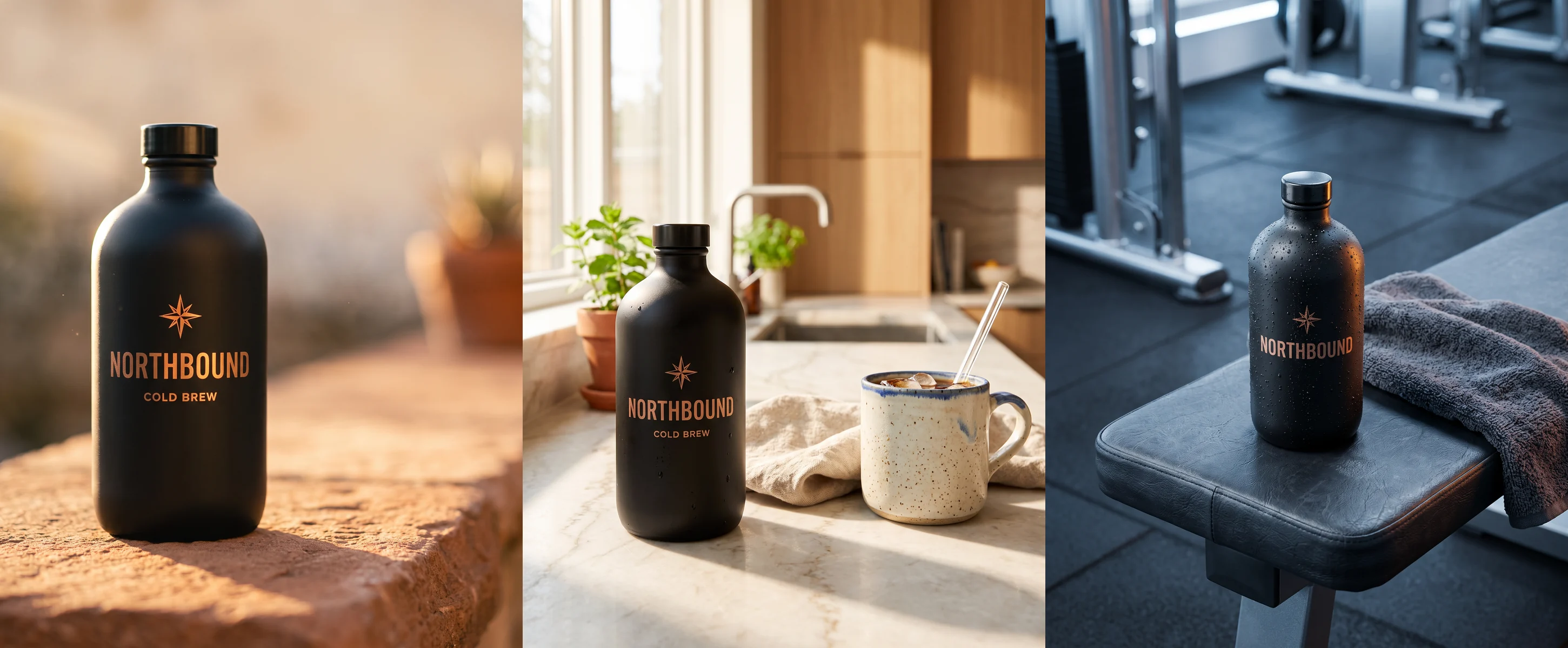 One product master, attached to three different scenes — same bottle, same label, three worlds