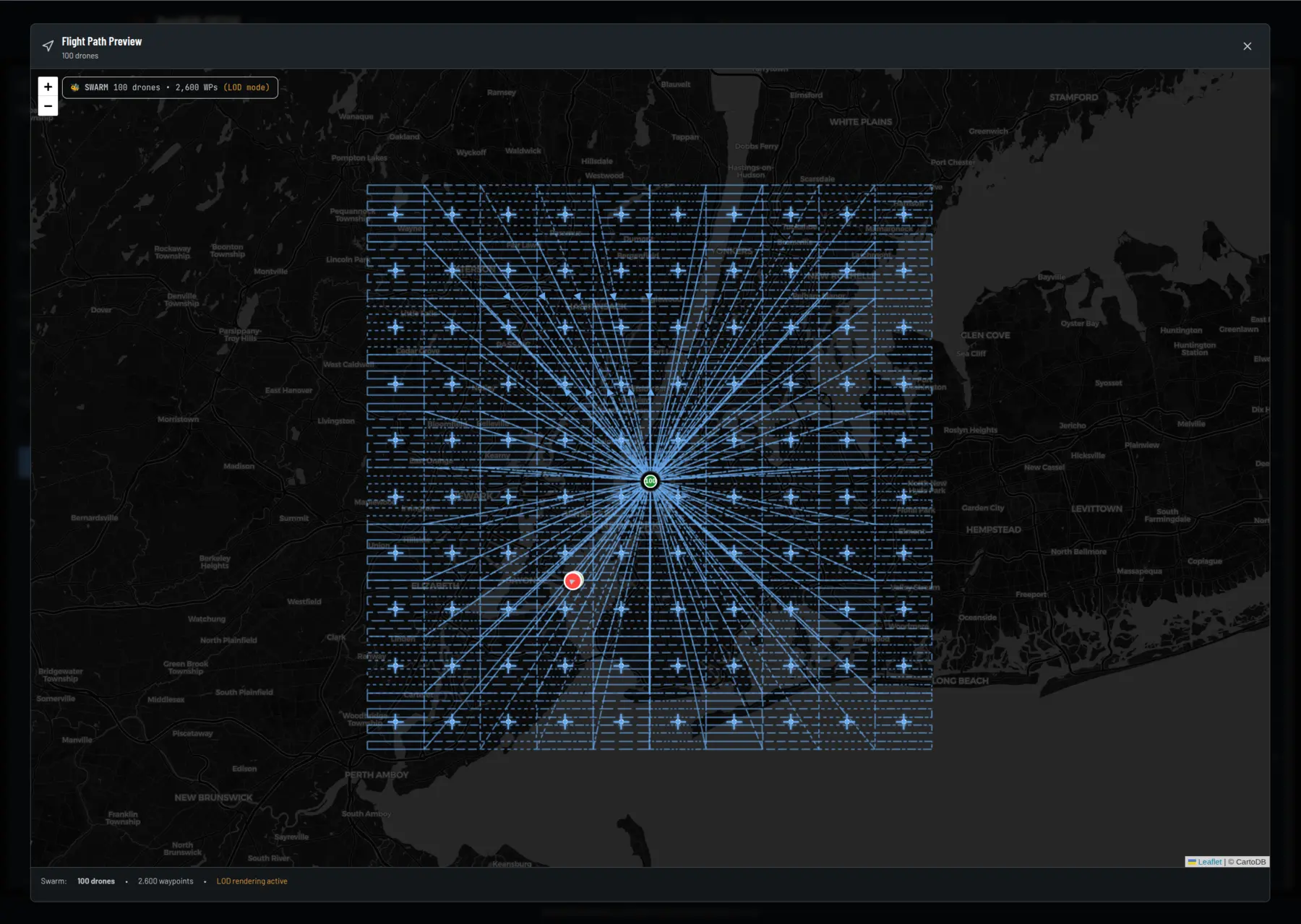 HardKill ARTAK — swarm flight path preview with SWARM drone routing over a tactical map for ARTAK simulator mission push
