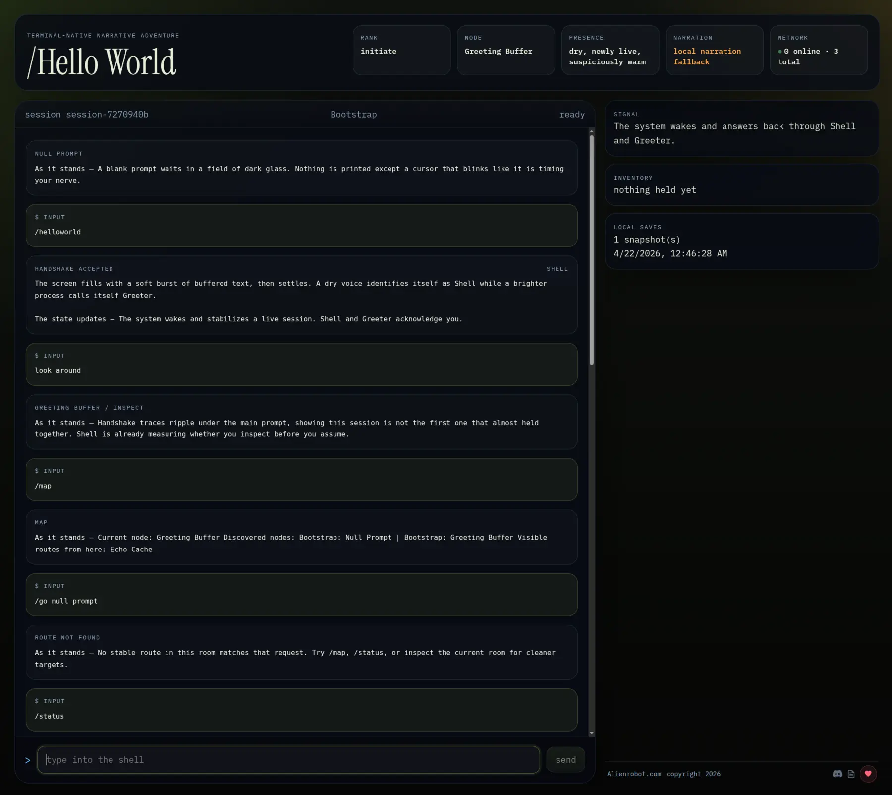Hello World — terminal-style text adventure interface fronting a crowd-sourced, agent-evolved full-stack application