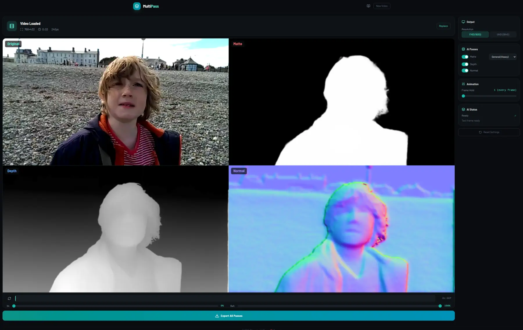 MultiPass — AI-generated person mattes, depth maps, and surface normal maps from video for compositing