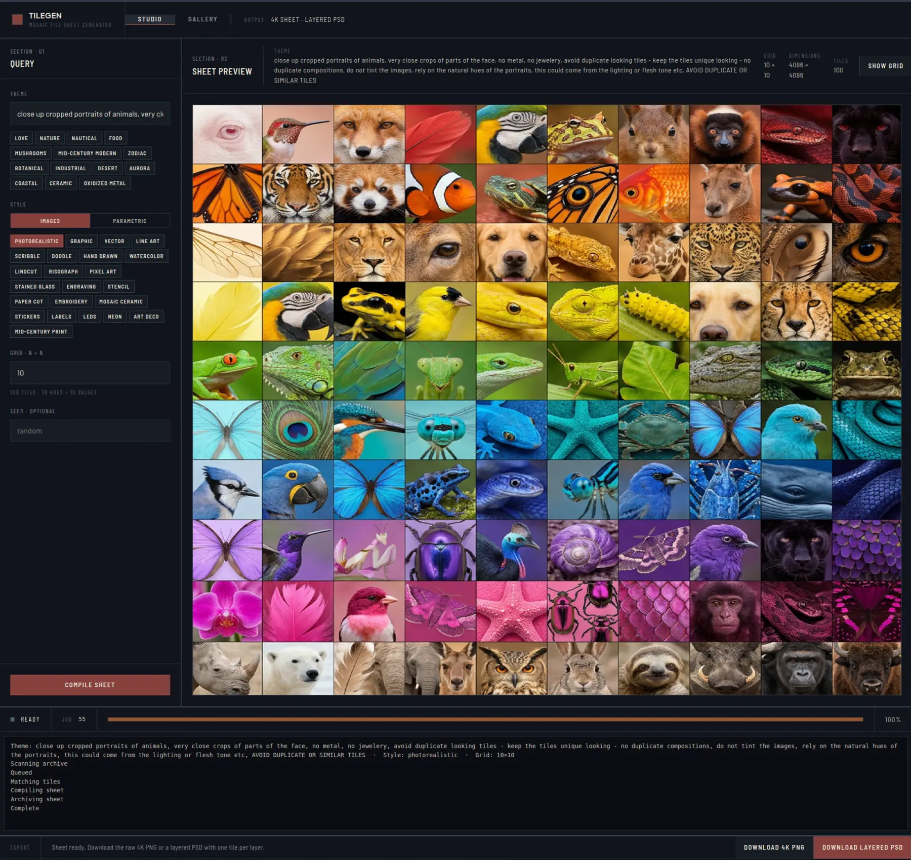 TileGen — AI-generated 4K mosaic tile sheets with layered Photoshop (PSD) export for texture and motion design