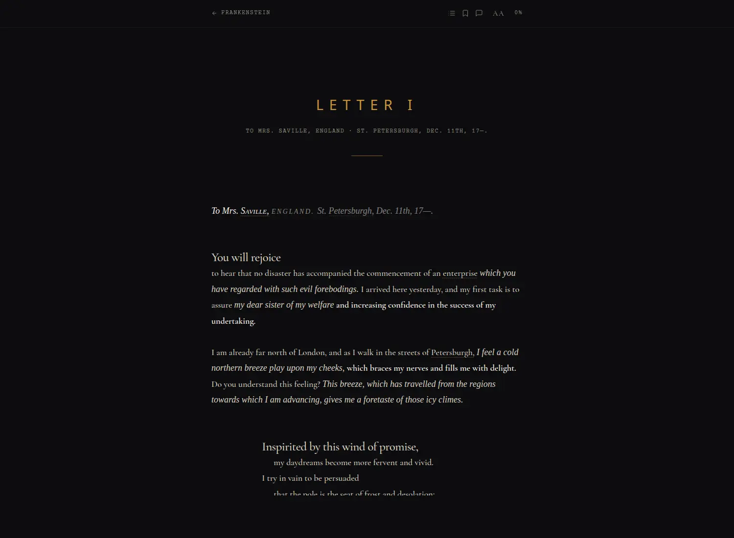 UNBKD reader — Frankenstein 'Letter I' set as a breathable continuous scroll: a gold chapter header, a bold lead-in opener, smallcaps and italics for emphasis, and generous whitespace between stanza-like paragraphs