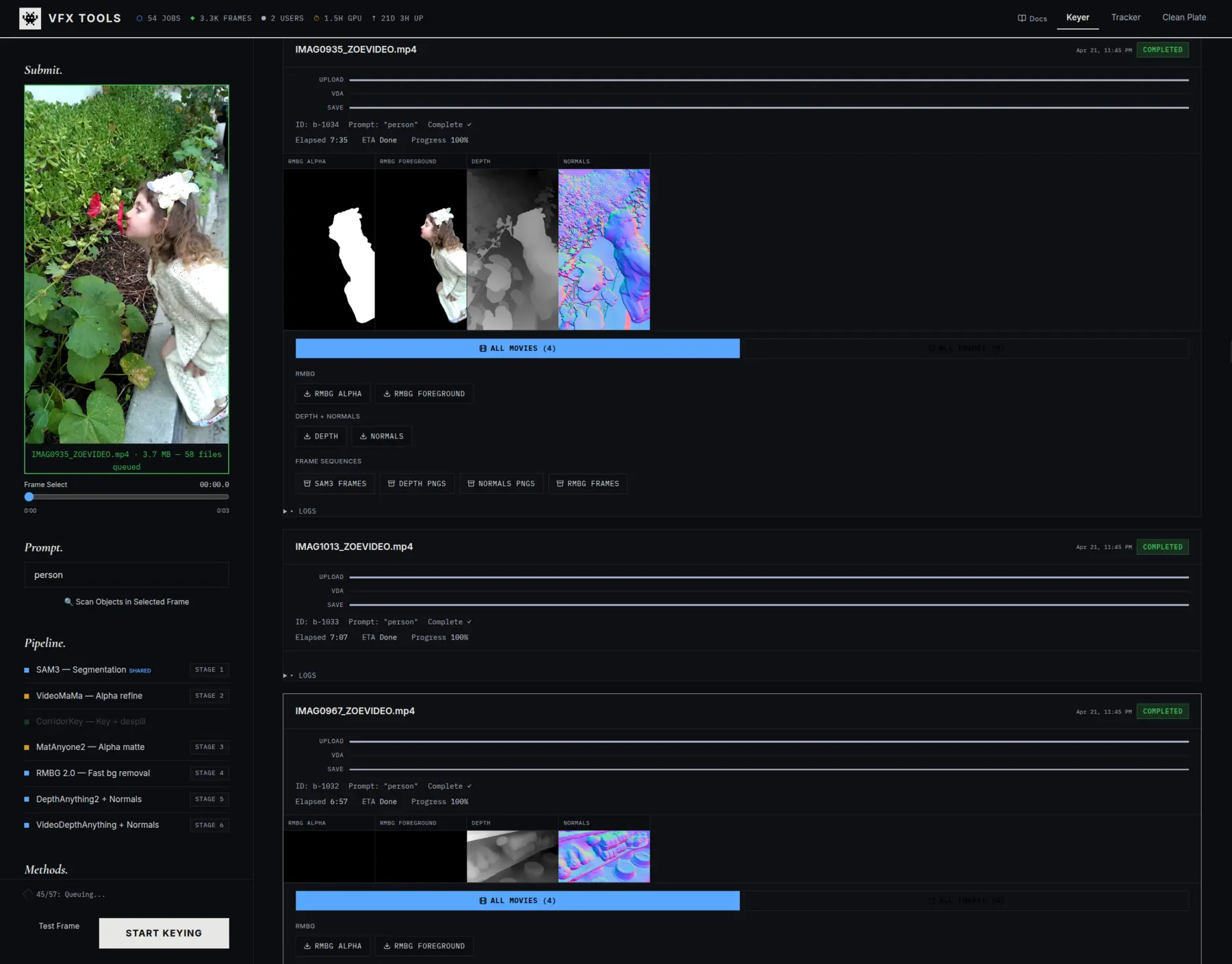 VFX Tools — artist-first drag-and-drop interface wrapping custom Python deploys of Netflix Void, Corridor Key, SAM3, MatAnyone, Depth Anything, GVHMR, and DWPose for VFX cleanplates, keys, mattes, depth passes, and 3D body recovery