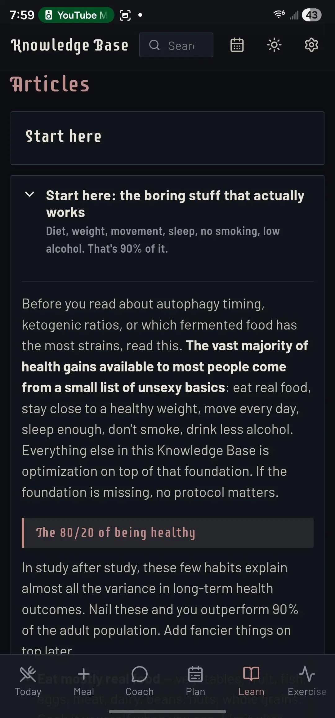 Wetware — Knowledge Base 'Start here' article on the 80/20 of being healthy: diet, weight, movement, sleep, alcohol, smoking