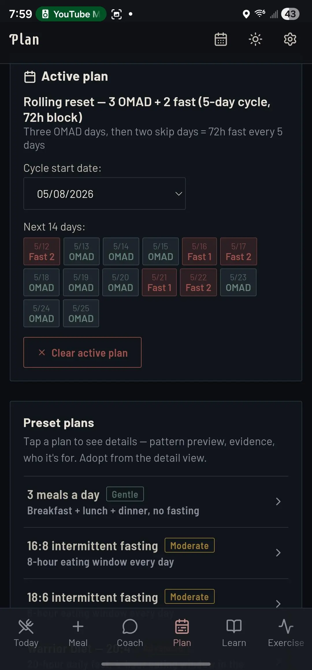 Wetware — Active plan view: Rolling reset 3-OMAD + 2-fast 5-day cycle with the next 14 days color-coded by OMAD vs. fast