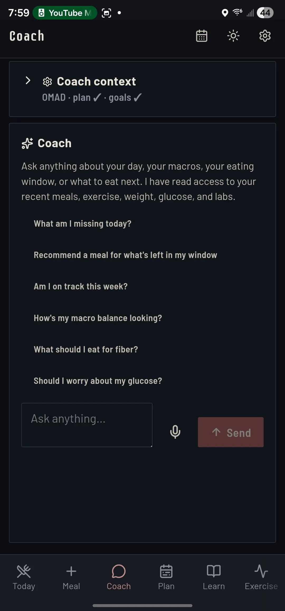 Wetware — Coach chat with OMAD plan + goals context loaded and suggested prompts about macros, glucose, fiber, and what to eat next