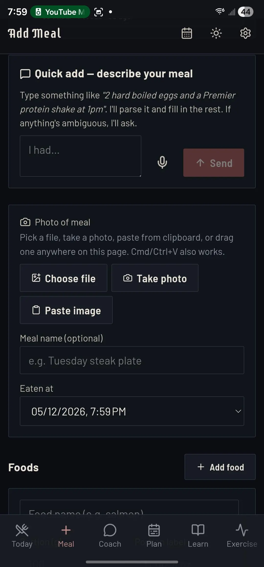 Wetware — Add Meal screen with natural-language quick add, photo-of-meal upload, and structured fields for time, name, and foods