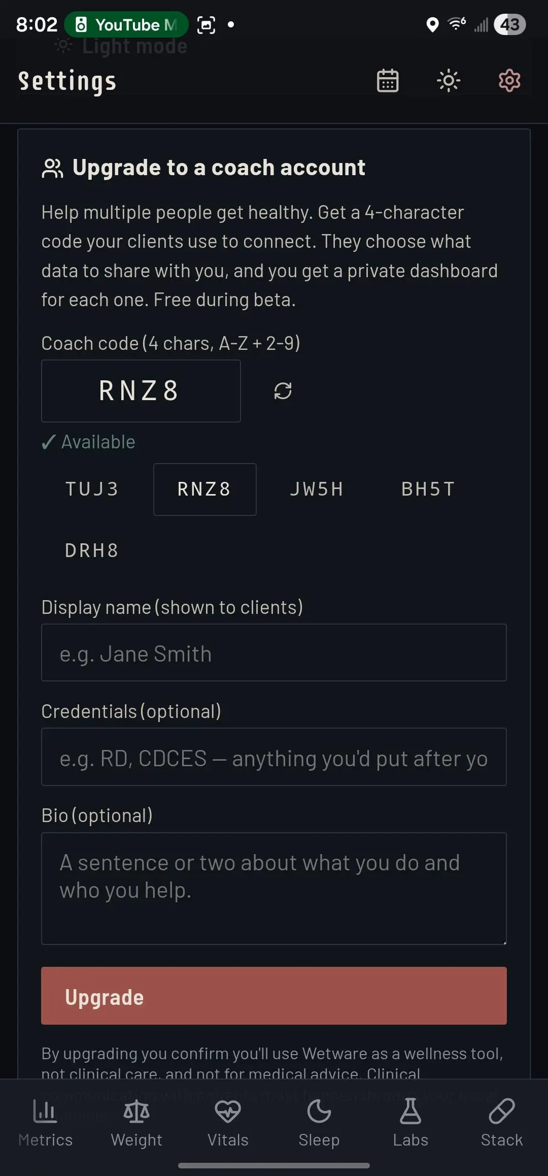 Wetware — Coach-account upgrade flow with a short invite code that clients use to share their data and chat with their coach