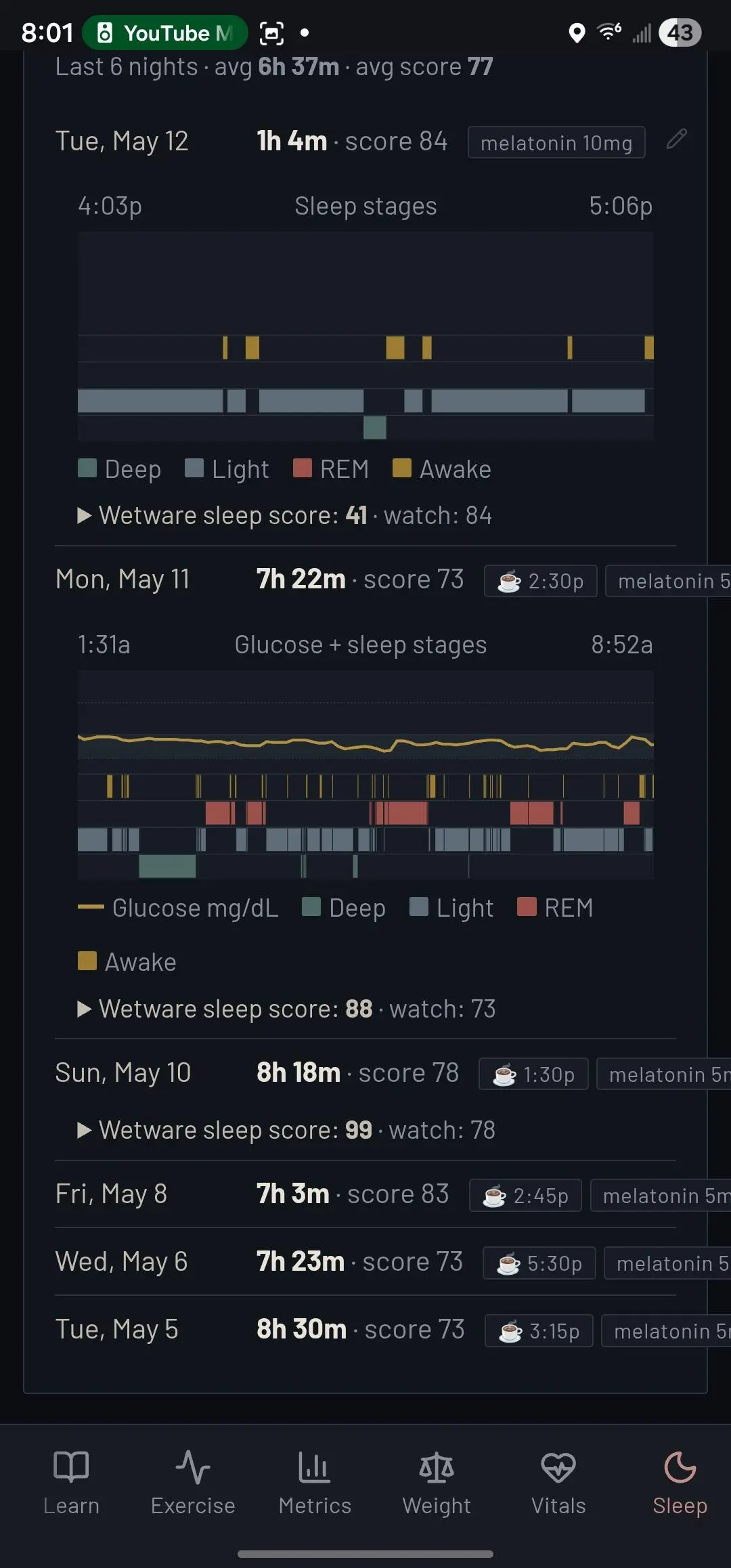 Wetware — Sleep page with overnight glucose curve overlaid on REM / deep / light / awake sleep stages and the Wetware sleep score next to the watch score