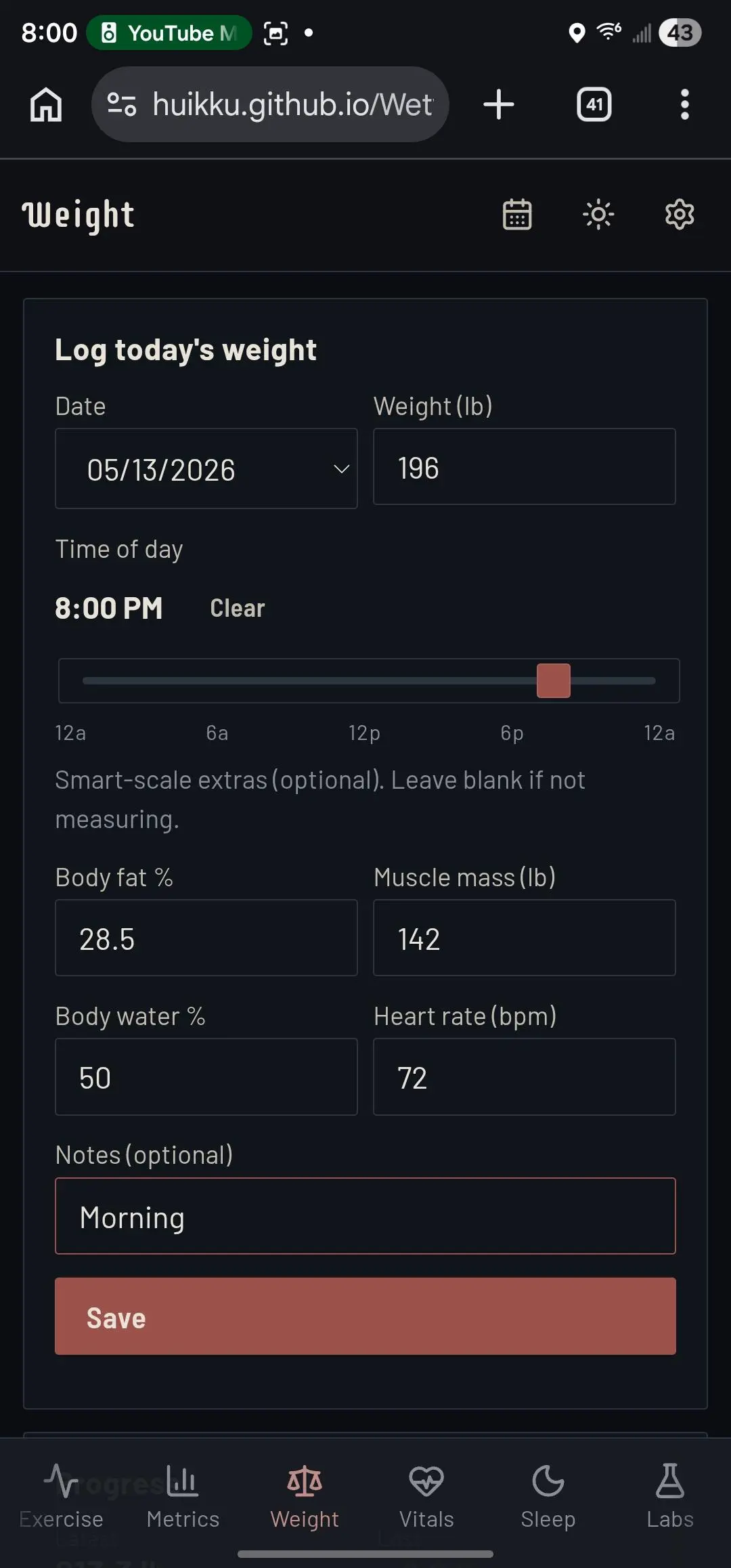 Wetware — Log today's weight form with smart-scale extras: body fat percent, muscle mass, body water, heart rate, time-of-day slider, and notes